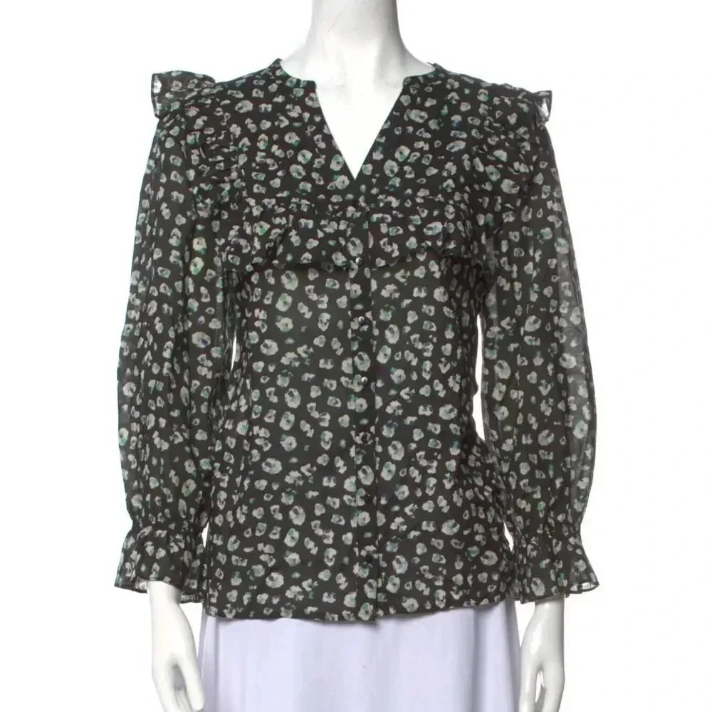 BA&SH Black Green Button Down Ruffle Floral Blouse size Medium lady shirt